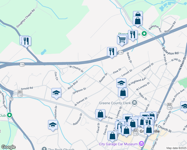 map of restaurants, bars, coffee shops, grocery stores, and more near 712 West Church Street in Greeneville