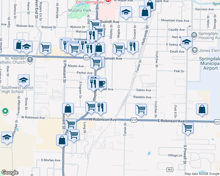 map of restaurants, bars, coffee shops, grocery stores, and more near 1410 Shipley Street in Springdale