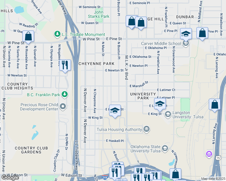 map of restaurants, bars, coffee shops, grocery stores, and more near 1161 North Boston Avenue in Tulsa