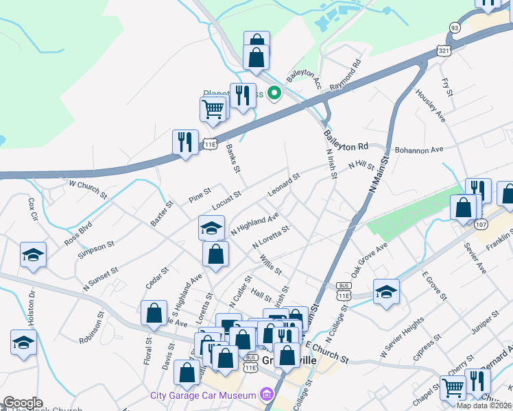 map of restaurants, bars, coffee shops, grocery stores, and more near 328 Leonard St in Greeneville