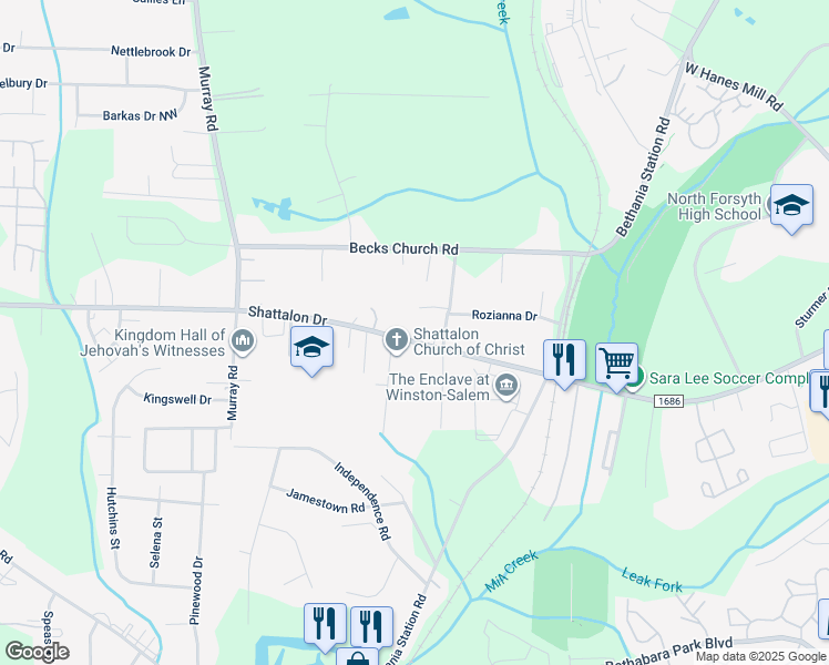 map of restaurants, bars, coffee shops, grocery stores, and more near 5483 Shattalon Drive in Winston-Salem