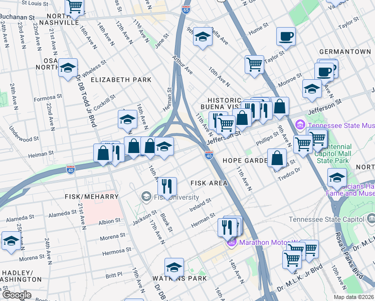 map of restaurants, bars, coffee shops, grocery stores, and more near 1213 Jefferson Street in Nashville