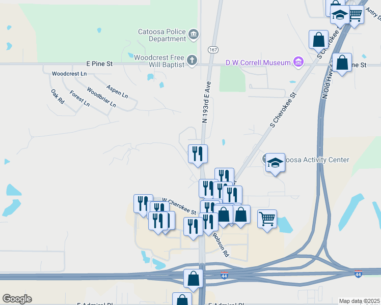 map of restaurants, bars, coffee shops, grocery stores, and more near 19266 Town Lane in Catoosa