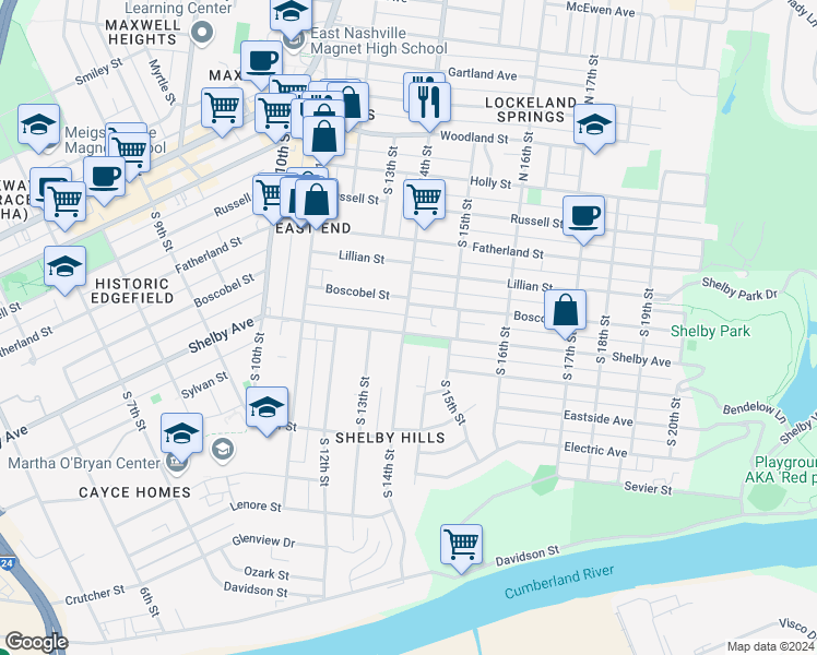 map of restaurants, bars, coffee shops, grocery stores, and more near 411 South 14th Street in Nashville