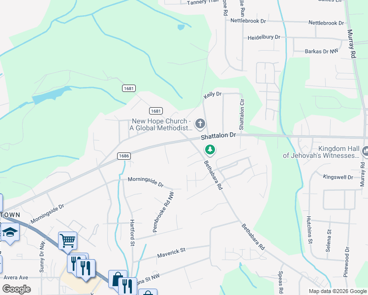 map of restaurants, bars, coffee shops, grocery stores, and more near 2636 Bethabara Road in Winston-Salem
