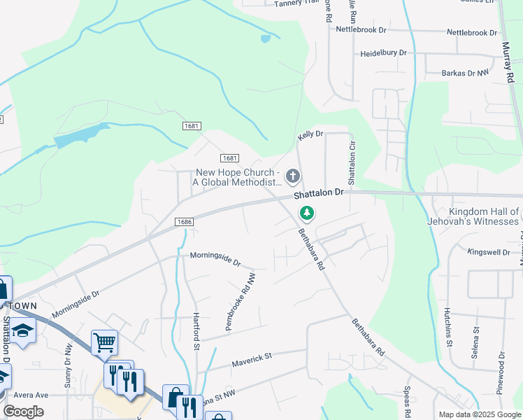 map of restaurants, bars, coffee shops, grocery stores, and more near 5084 Shattalon Drive in Winston-Salem
