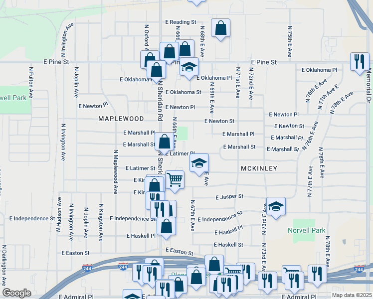 map of restaurants, bars, coffee shops, grocery stores, and more near 6613 East Latimer Place in Tulsa