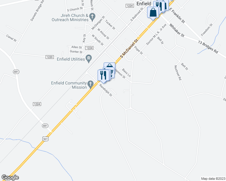 map of restaurants, bars, coffee shops, grocery stores, and more near 302 Carriage House Lane in Enfield