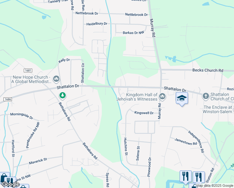 map of restaurants, bars, coffee shops, grocery stores, and more near 130 Vista Circle in Winston-Salem