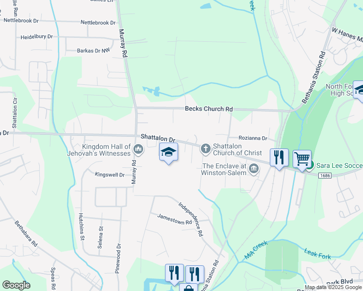 map of restaurants, bars, coffee shops, grocery stores, and more near 5452 Shattalon Drive in Winston-Salem