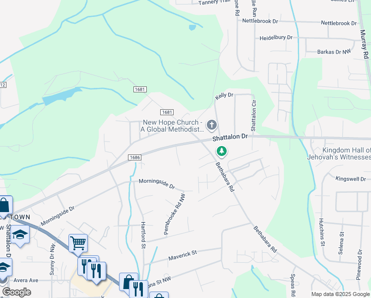 map of restaurants, bars, coffee shops, grocery stores, and more near 5084 Shattalon Drive in Winston-Salem