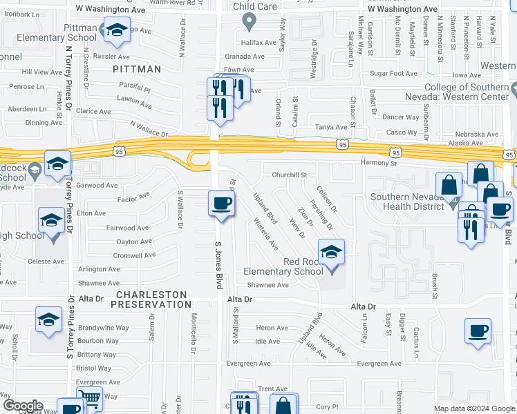 map of restaurants, bars, coffee shops, grocery stores, and more near 241 Upland Boulevard in Las Vegas