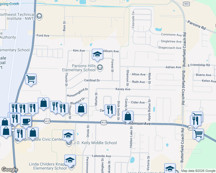 map of restaurants, bars, coffee shops, grocery stores, and more near 2400 Kasey Avenue in Springdale
