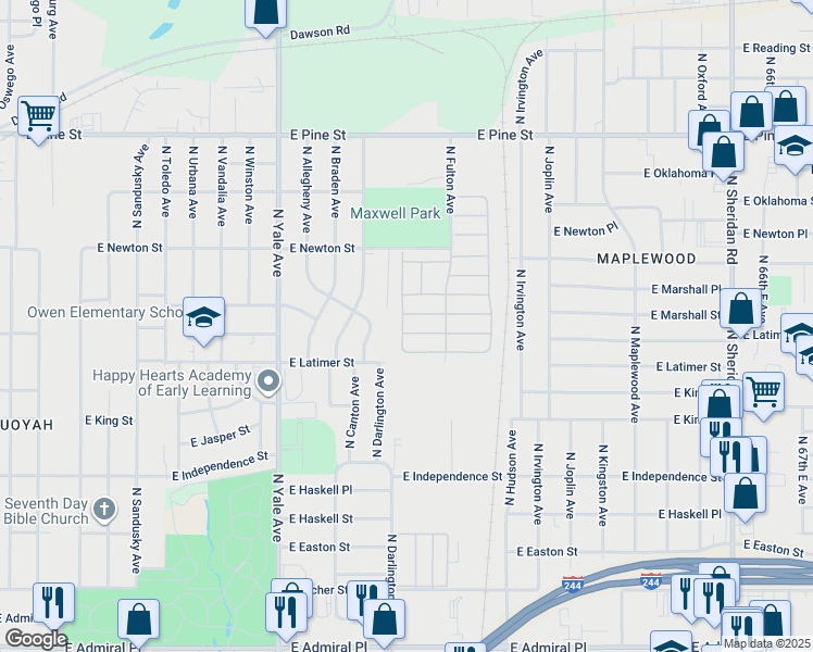map of restaurants, bars, coffee shops, grocery stores, and more near 1127 North Darlington Place in Tulsa