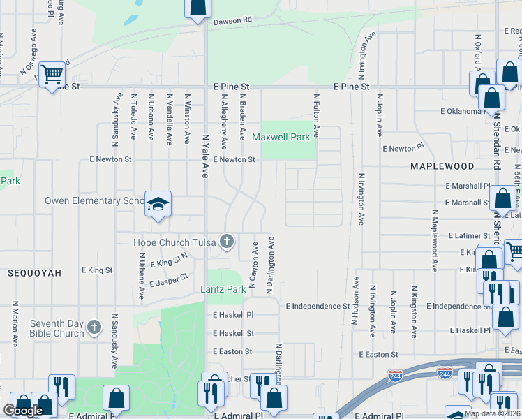 map of restaurants, bars, coffee shops, grocery stores, and more near 1130 North Canton Avenue in Tulsa