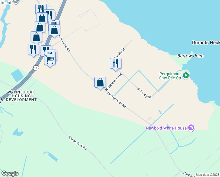 map of restaurants, bars, coffee shops, grocery stores, and more near 1115 Harvey Point Road in Hertford