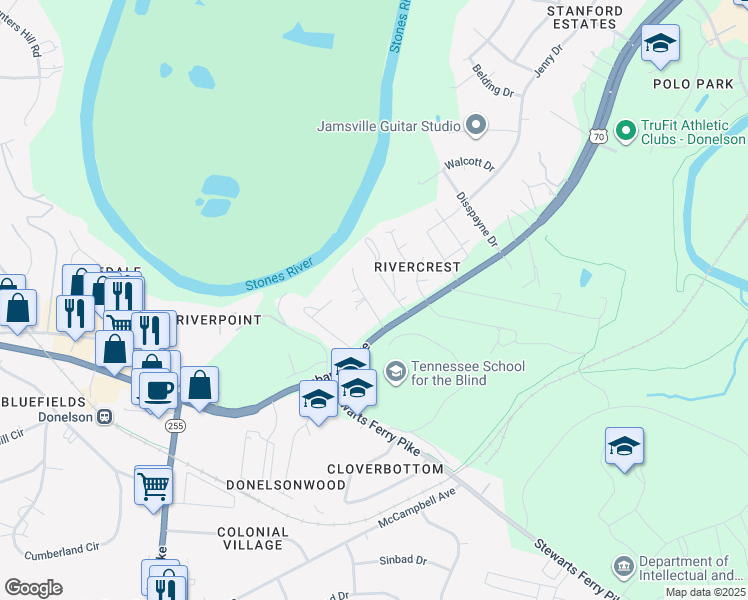map of restaurants, bars, coffee shops, grocery stores, and more near 117 Guill Court in Nashville
