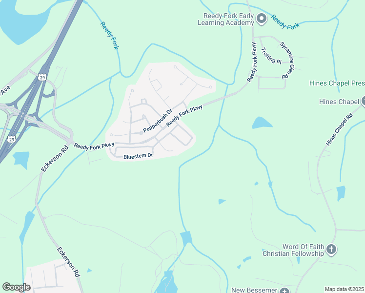 map of restaurants, bars, coffee shops, grocery stores, and more near 5940 Bluestem Circle in Greensboro