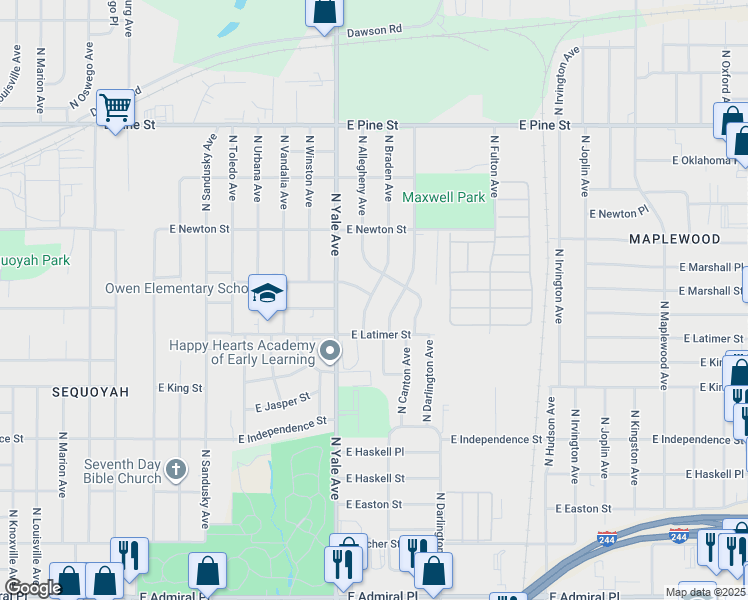 map of restaurants, bars, coffee shops, grocery stores, and more near 1135 North Allegheny Avenue in Tulsa