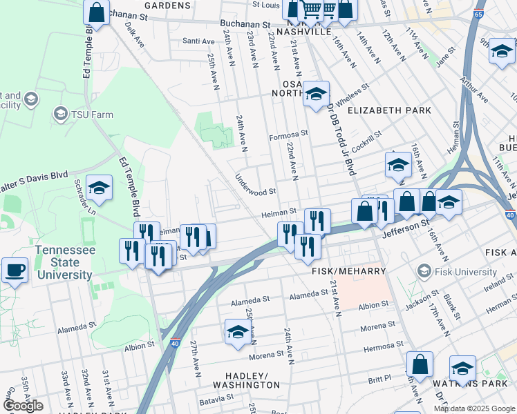 map of restaurants, bars, coffee shops, grocery stores, and more near 2300 Heiman Street in Nashville