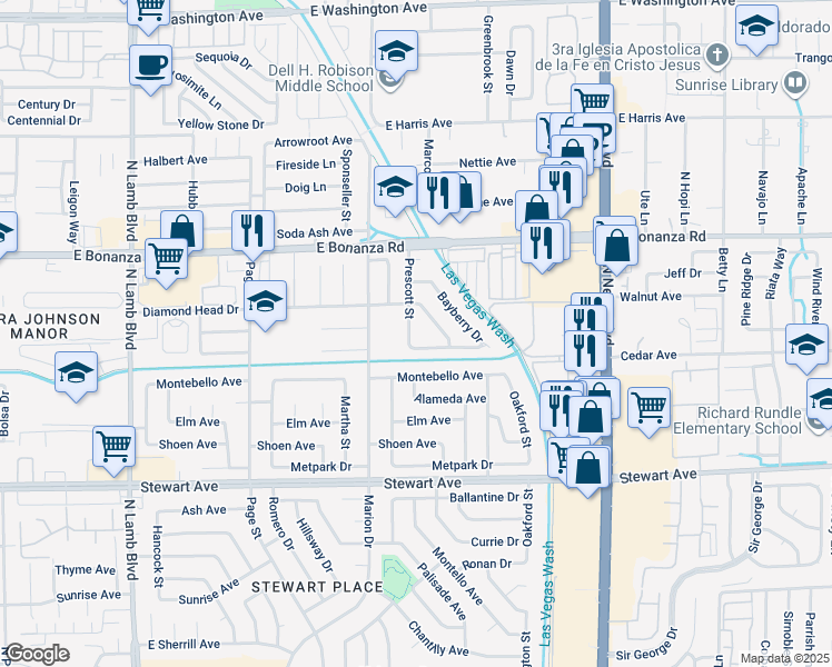 map of restaurants, bars, coffee shops, grocery stores, and more near 511 Prescott Street in Las Vegas