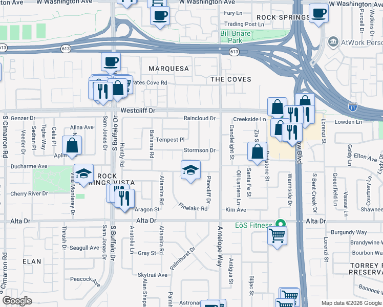 map of restaurants, bars, coffee shops, grocery stores, and more near 7113 Stormson Drive in Las Vegas