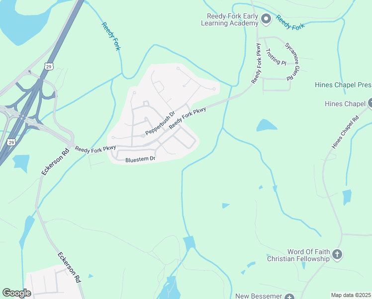 map of restaurants, bars, coffee shops, grocery stores, and more near 5940 Bluestem Circle in Greensboro
