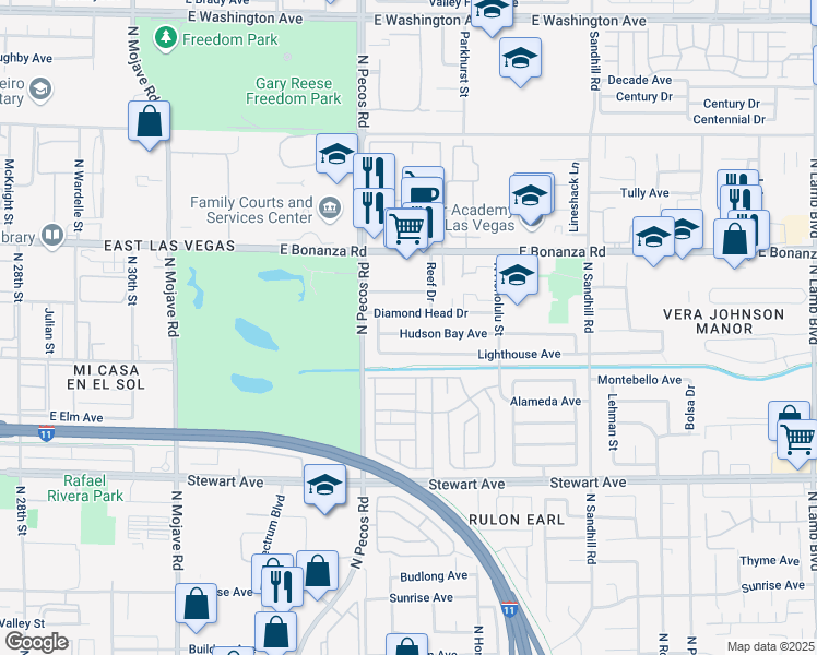 map of restaurants, bars, coffee shops, grocery stores, and more near 3604 Hudson Bay Avenue in Las Vegas