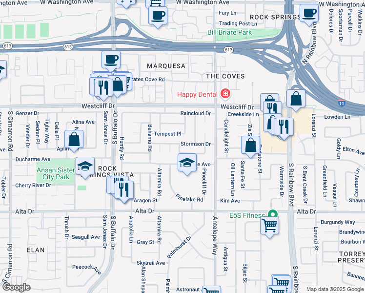 map of restaurants, bars, coffee shops, grocery stores, and more near 7121 Stormson Drive in Las Vegas