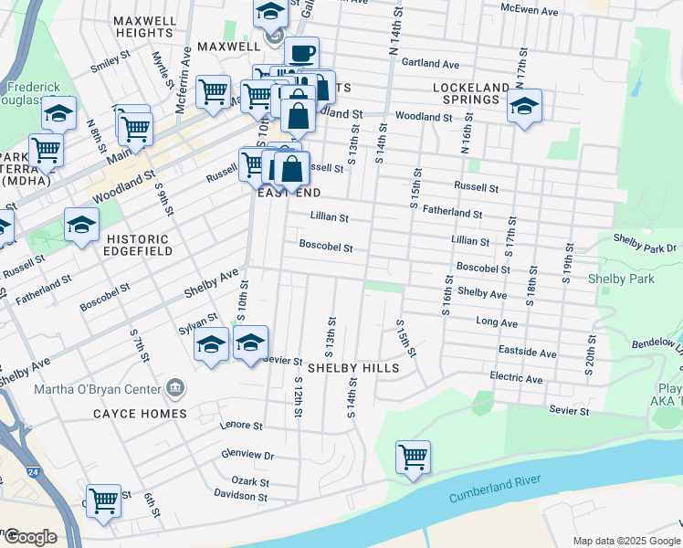 map of restaurants, bars, coffee shops, grocery stores, and more near 1317 Shelby Avenue in Nashville