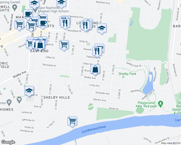 map of restaurants, bars, coffee shops, grocery stores, and more near 1616 Boscobel Street in Nashville