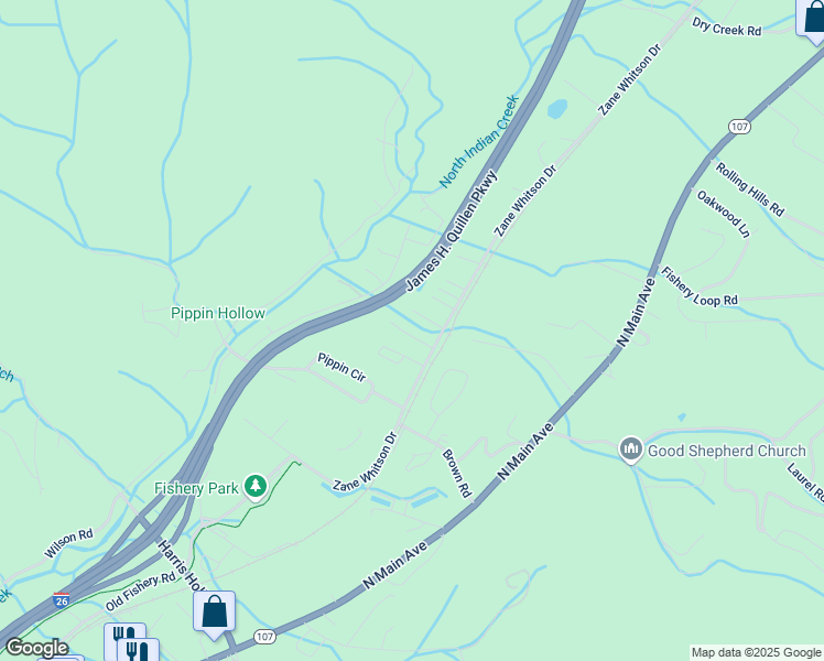 map of restaurants, bars, coffee shops, grocery stores, and more near 122 Crossing Lane in Erwin