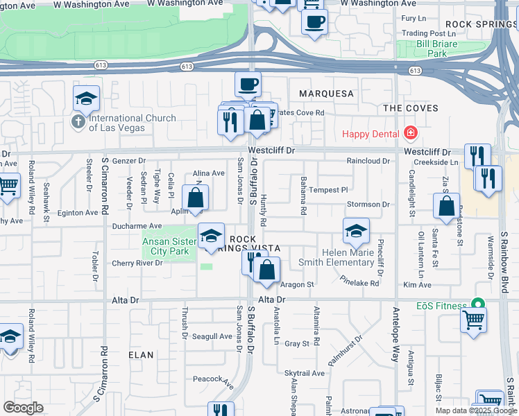 map of restaurants, bars, coffee shops, grocery stores, and more near 212 Huntly Road in Las Vegas