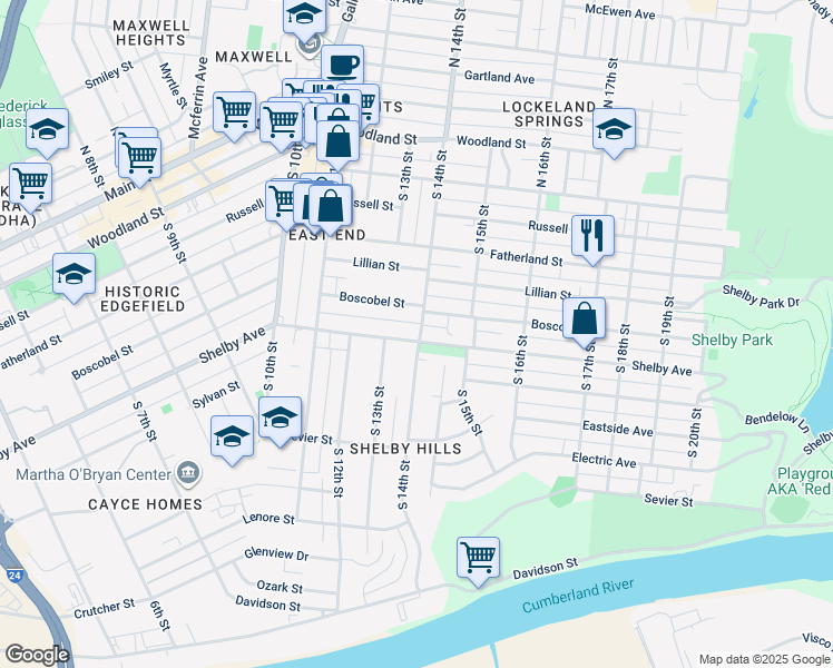 map of restaurants, bars, coffee shops, grocery stores, and more near 411 South 14th Street in Nashville