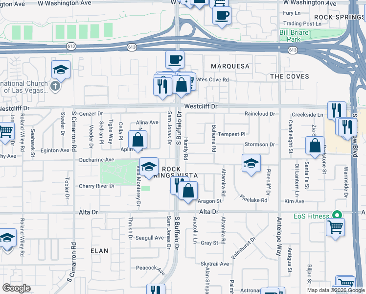 map of restaurants, bars, coffee shops, grocery stores, and more near 212 Huntly Road in Las Vegas