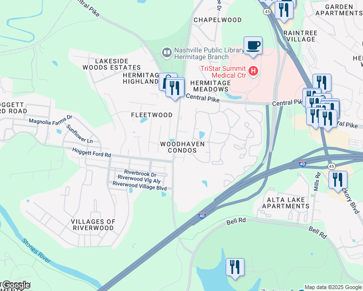 map of restaurants, bars, coffee shops, grocery stores, and more near 3911 Dodson Chapel Road in Nashville