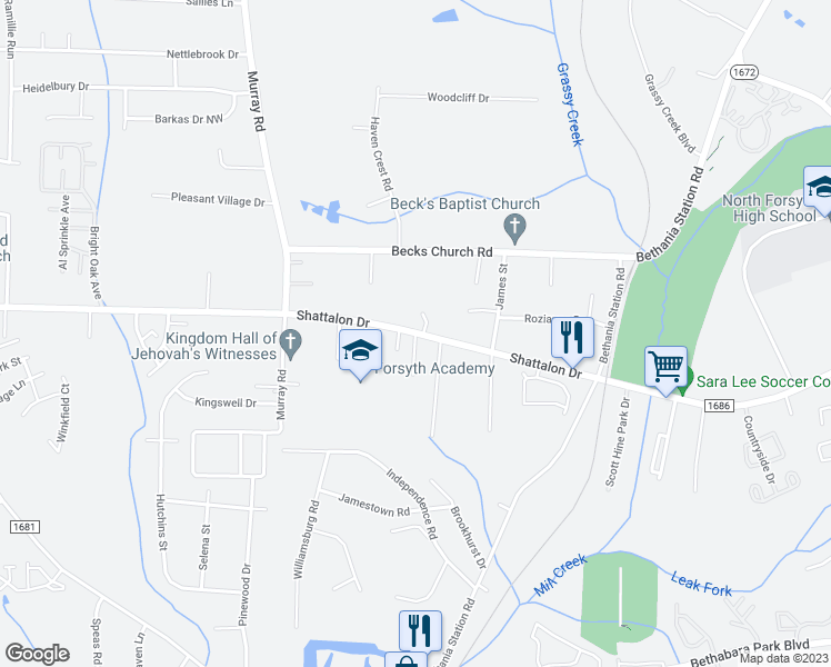 map of restaurants, bars, coffee shops, grocery stores, and more near Shattalon Garden Drive in Winston-Salem