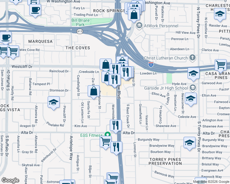map of restaurants, bars, coffee shops, grocery stores, and more near 244 South Rainbow Boulevard in Las Vegas