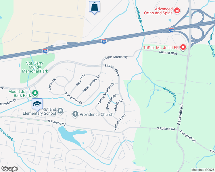 map of restaurants, bars, coffee shops, grocery stores, and more near 1009 Rolling Meadow Drive in Mt. Juliet