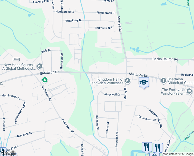 map of restaurants, bars, coffee shops, grocery stores, and more near 390 Vista Circle in Winston-Salem
