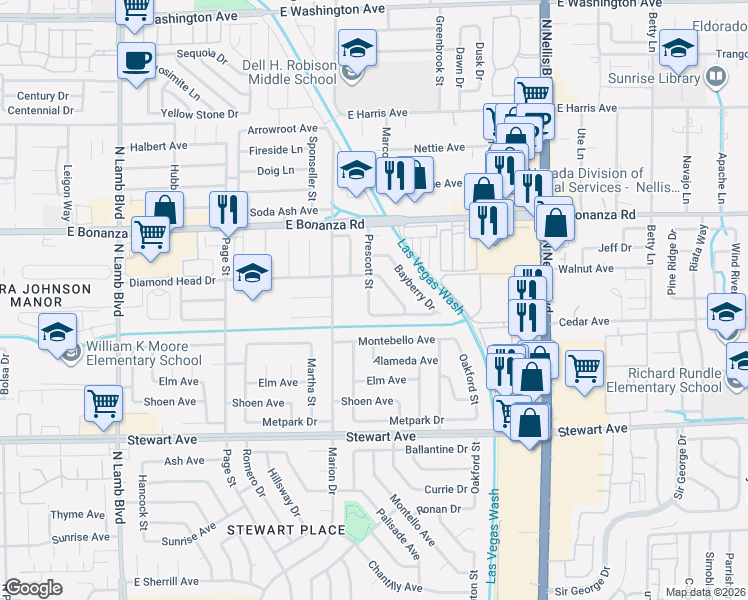 map of restaurants, bars, coffee shops, grocery stores, and more near 511 Prescott Street in Las Vegas