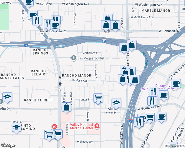 map of restaurants, bars, coffee shops, grocery stores, and more near 1900 West Fontana Avenue in Las Vegas