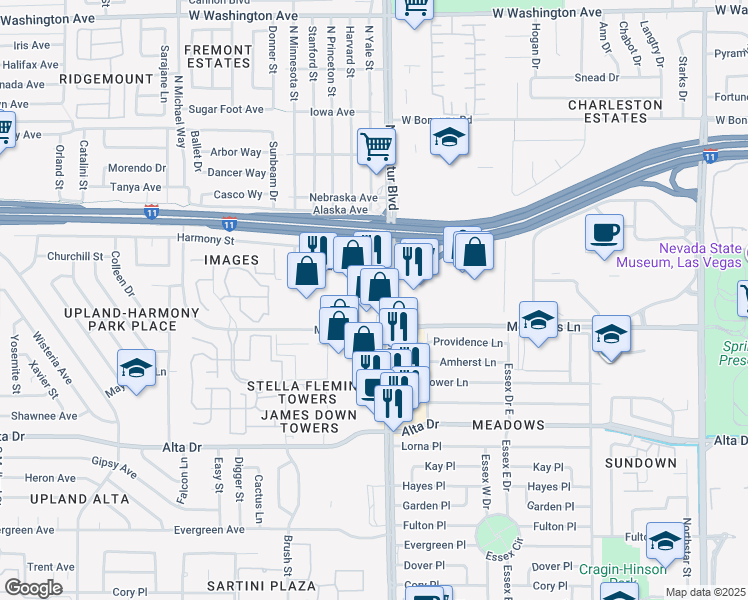map of restaurants, bars, coffee shops, grocery stores, and more near 202 South Decatur Boulevard in Las Vegas