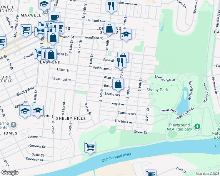 map of restaurants, bars, coffee shops, grocery stores, and more near 1608 Boscobel Street in Nashville