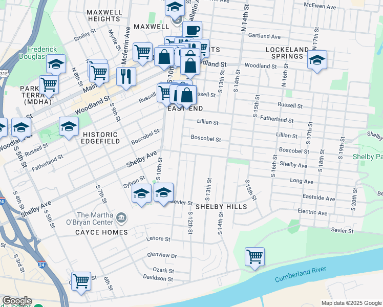 map of restaurants, bars, coffee shops, grocery stores, and more near 501 South 12th Street in Nashville
