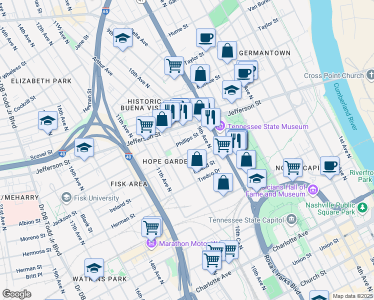map of restaurants, bars, coffee shops, grocery stores, and more near 922 Jackson Street in Nashville