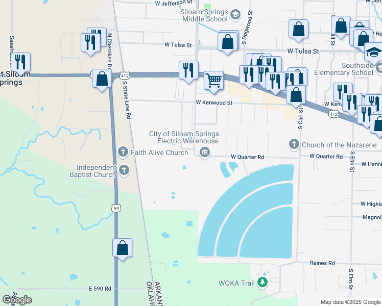 map of restaurants, bars, coffee shops, grocery stores, and more near 1310 South Haden in Siloam Springs