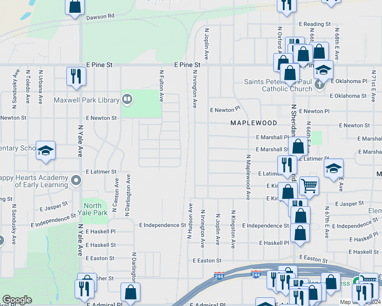 map of restaurants, bars, coffee shops, grocery stores, and more near 1042 North Irvington Avenue in Tulsa
