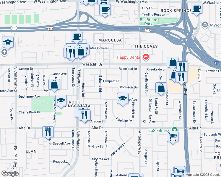 map of restaurants, bars, coffee shops, grocery stores, and more near 224 Stormson Court in Las Vegas