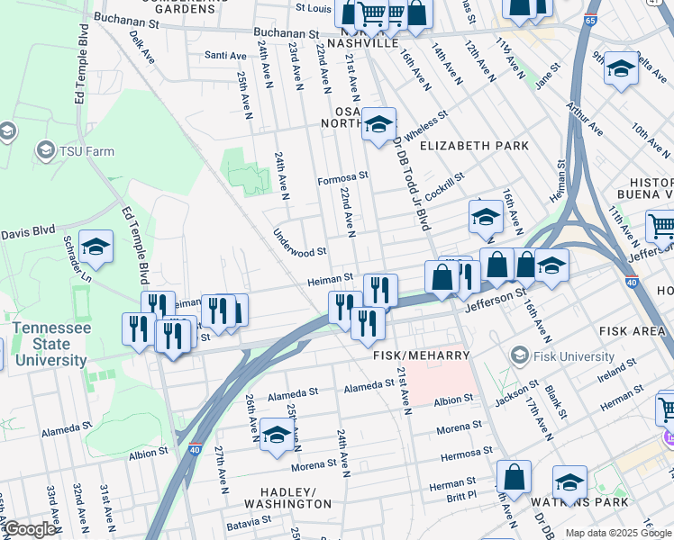 map of restaurants, bars, coffee shops, grocery stores, and more near 1404A 23rd Avenue North in Nashville